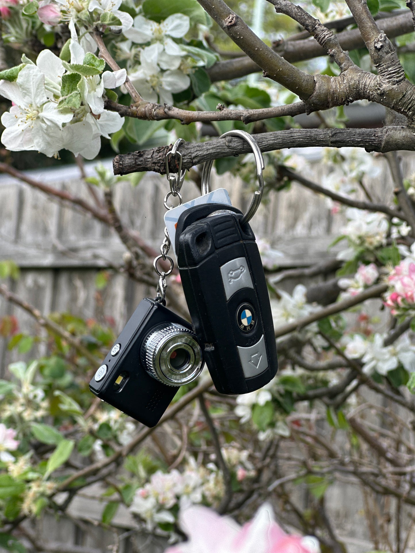 Keychain with camera and car key fob attached to a branch with flowers in the background