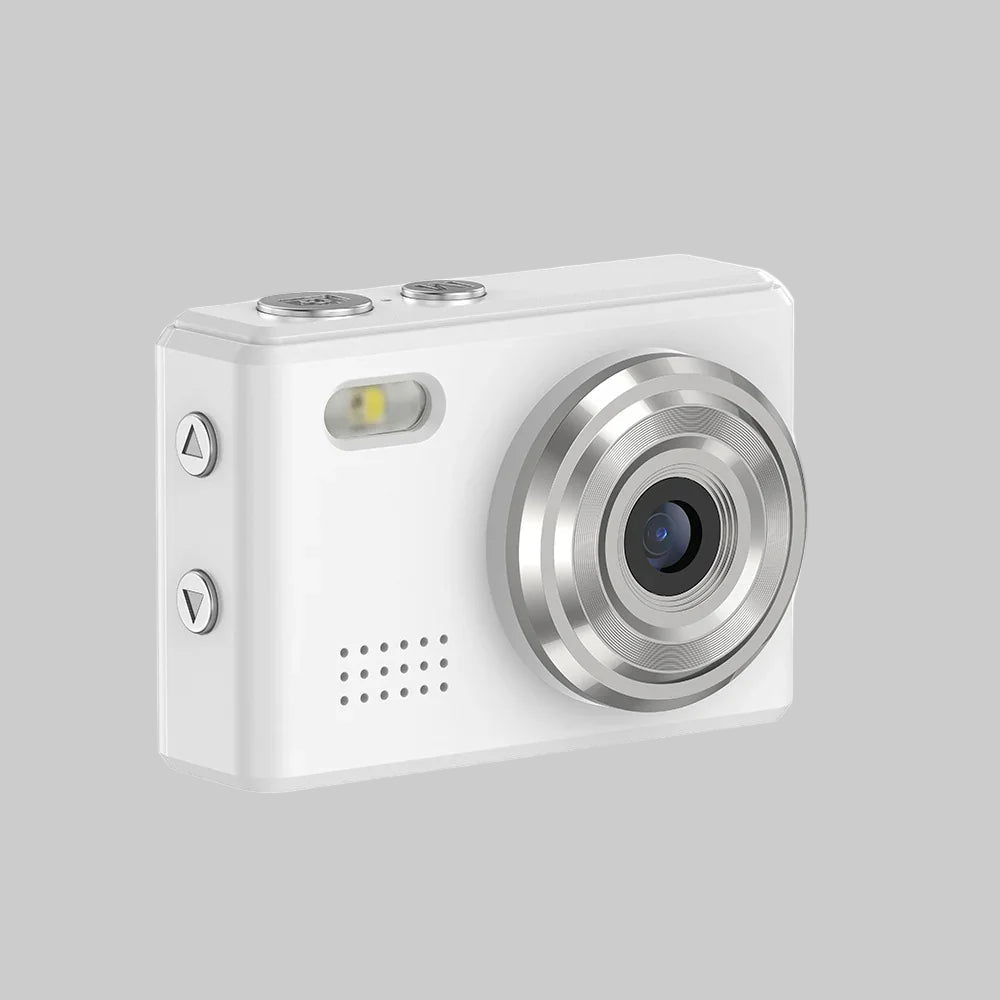 White digital camera with silver accents on a white background